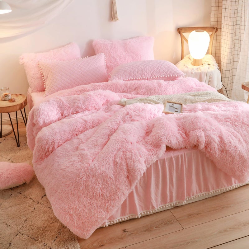 HAIHUA Fluffy Pink Comforter Cover Queen Set, Soft Furry Shaggy Pink Bedding Queen Set 3 Pieces (1 Fuzzy Duvet Cover + 2 Faux Fur Pillow Cases) Fluffy Bed Set, Zipper Closure - Image 5